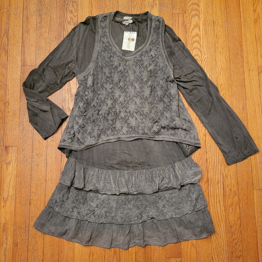 2 Pc Namsar OS Tunic Set Grey Lace Vest Ruffle Tiered Lagenlook Boho Hippie